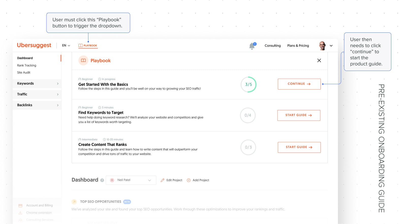 Sabrina UX Portfolio | Ubersuggest Initial Onboarding Case Study - Pre-existing onboarding guide